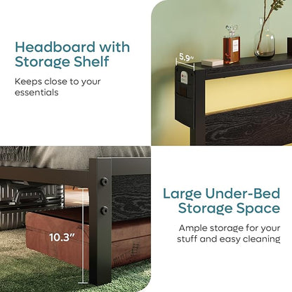 Bestier Queen Bed Frame with Headboard Storage and Charging Station, Black Platform Bed Frame with LED Light, Non-Slip Metal Bed Frame Queen Size, Noise-Free, Easy Assembly, Black