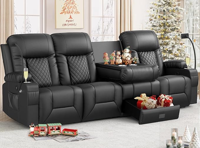 FURNIMAT Recliner Sofa, 4 Seater Dual Reclining Sofa with Flip Back Console, Modern PU Leather Recliner Couch for Living Room/RV, with Storage Drawer, USB Ports, Cup Holder, Cell Phone Holder, Black