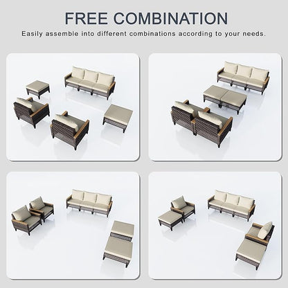 PCSXDSW 7 Pieces Patio Furniture Set, Outdoor Conversation Sets with Footstool, Wicker Rattan Sofa Couches Chairs Ottomans for Porch, Poolside, Deck, Balcony, Backyard, Yard, Garden (Beige Cushions)