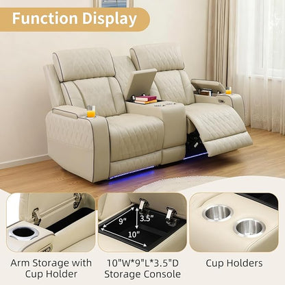 Caberryne Power Recliner Sofa Set with LED Lights,Leather Reclining Couch with Coffee Table/Storage Console/Cup Holder,Reclining Living Room Set with 5 Recliner Seats for House(3 Piece Set,Paddy)