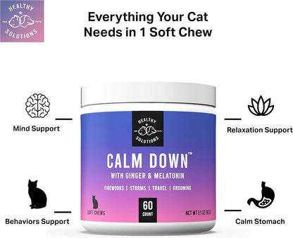 Calming Chews for Cats - Cat Calming Treats for Anxiety, Stress Relief Aid, Storms, Grooming, Fireworks, Separation, Travel, & Motion Sickness - Made in USA (60 Soft Chews- Cat)