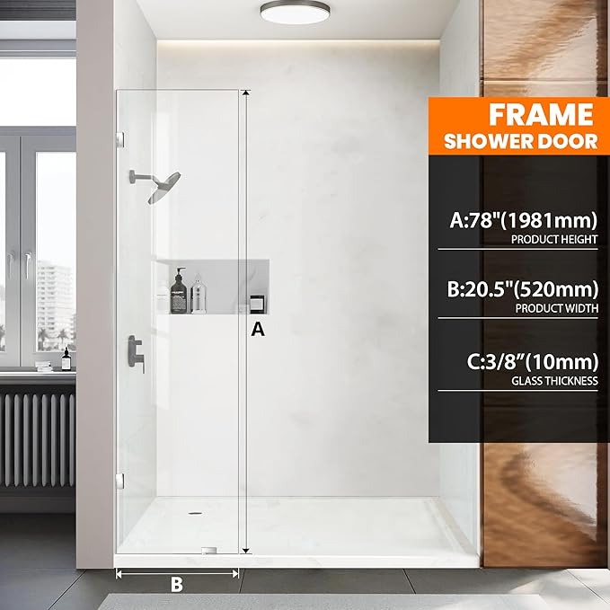 20.5" W×78.75" H Shower Glass Panel, Fixed Frameless Shower Screen