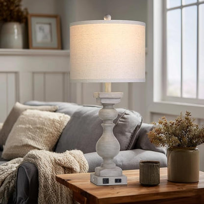 28" Tall Farmhouse Table Lamps Set of 2 with USB C+A Ports and AC Outlet, 3 Way Touch Tall Rustic Bedside Lamps for Living Room, Grey Vintage Lamps for Bedroom
