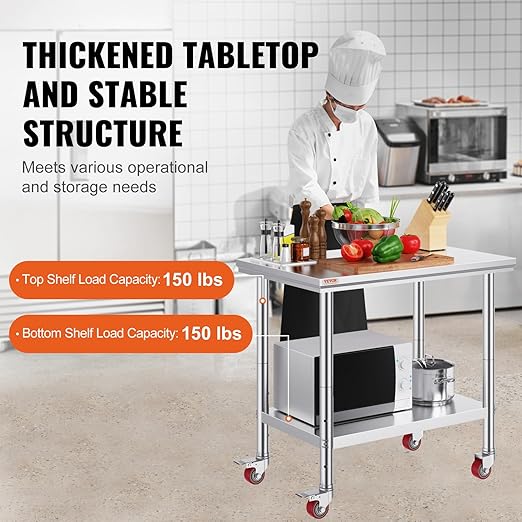 Vevor Mophorn Stainless Steel Work Table 36x24 Inch with 4 Wheels, Casters Heavy Duty Food Prep Worktable for Commercial Kitchen Restaurant, Silver
