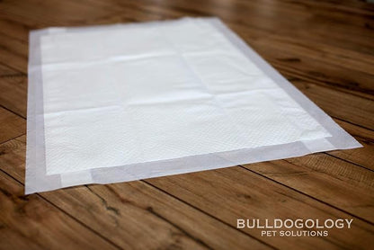 Bulldogology Puppy Pee Pads XL with Adhesive Sticky Tape - Extra Large Dog Training Wee Pads (24x35) 6 Layers with Extra Quick Dry Bullsorbent Polymer Tech (60-Count, White)