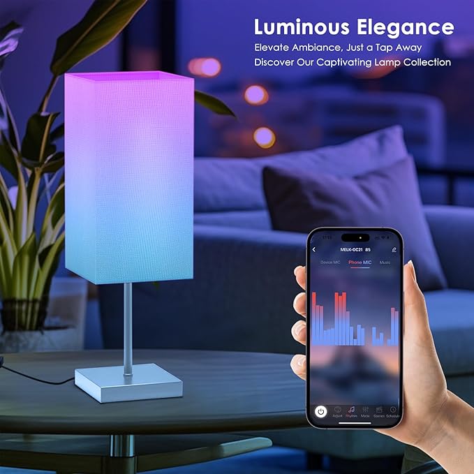 Smart Bedside Table Lamp for Bedroom, Modern Bedroom Lamps for Nightstand Decoration, 72 LED Colorful Bulb with APP Control & Music Sync & Timer, Desk Light for Home Office Living Room (Nickel Square)