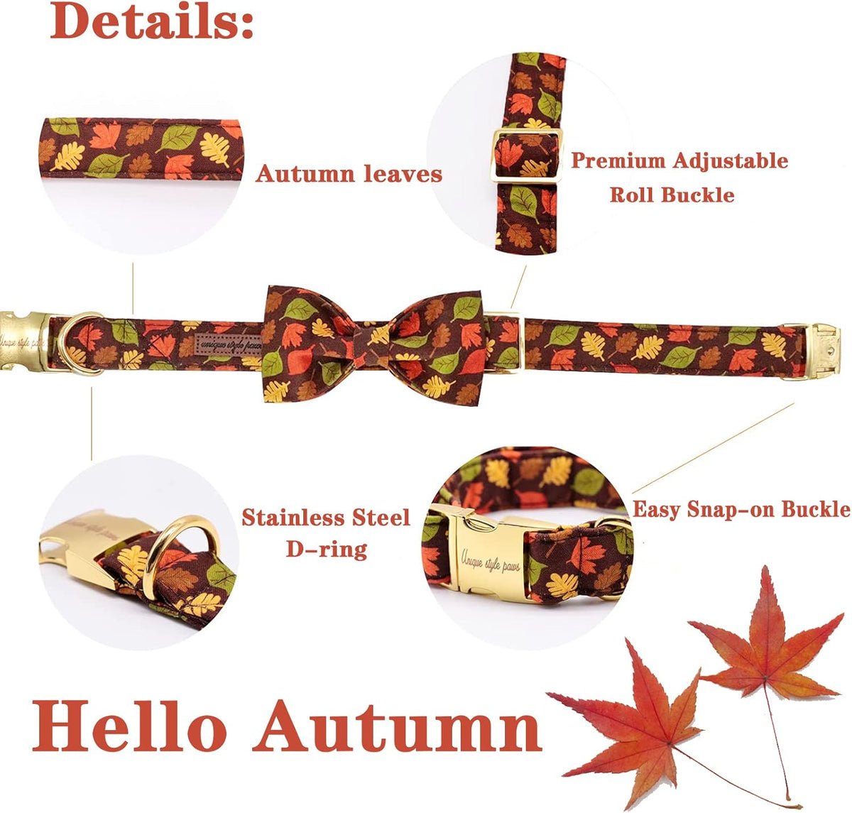 Unique style paws Fall Dog Collar with Bow, Puppy Collar Pet Gift Adjustable Dog Collar Soft and Comfy Bowtie Collars for Large Girl or Boy Dogs