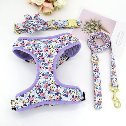 Beirui Cute Dog Collars,Harnesses,Leashes Set, Floral Pattern, Blue,S | Girl Dog Harness Set with Flower, Adjustable and Soft Mesh Lining, For Small Dogs Daily Walks