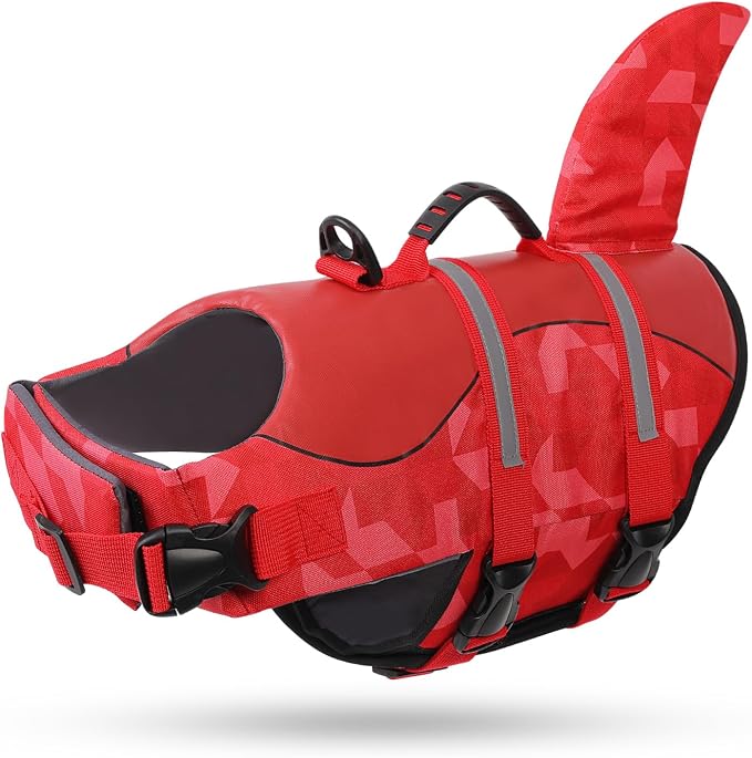 Shark Dog Life Jacket, LifeVests for Boating, High Buoyant Dog Life Vest for Swimming, Adjustable Easy On Pet Jackets for Small, Medium, Large Dogs (Red Triangle,M)