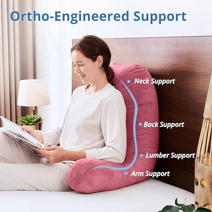 Sasttie 25-inch Reading Pillows for Sitting in Bed Adult, Jumbo Velvet Back Pillow Bed Sitting Up, XL High Back-Rest Support Cushion for Sit Up on Couch & Floor, Oeko-Tex Certified, Rose Pink