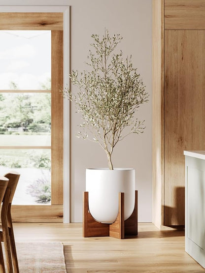 LE TAUCI 12 Inch Pots for Plants with Acacia Wood Stand, Ceramic Large Planters for Indoor Plants, Indoor Planters for Office Living Room, Cylinder Pots with Drainage Hole and Plug, White
