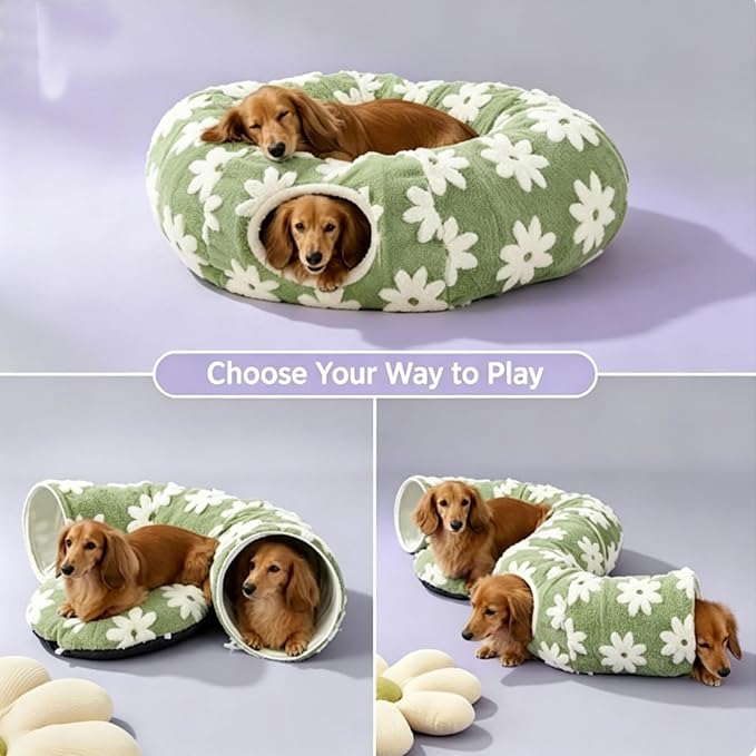 2026 New Tunnel Bed for Dachshund Dog,Dachshund Tunnel Bed - Flower Design Plush Foldable Dog Bed,Cat TunnelBed for Indoor Cats Tunnel Donut with Cushion and Play Ball,2 in 1,Detachable (E)
