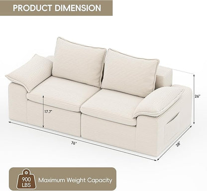 Buytime 76” Comfy Cloud Loveseat Sofa, Convertible Boneless Loveseats for Living Room, Wide 2-Seat Modern Modular Sectional Sofa with Deep Seat, Double-Layer Cloud Cushion and Headrest, Cream Beige