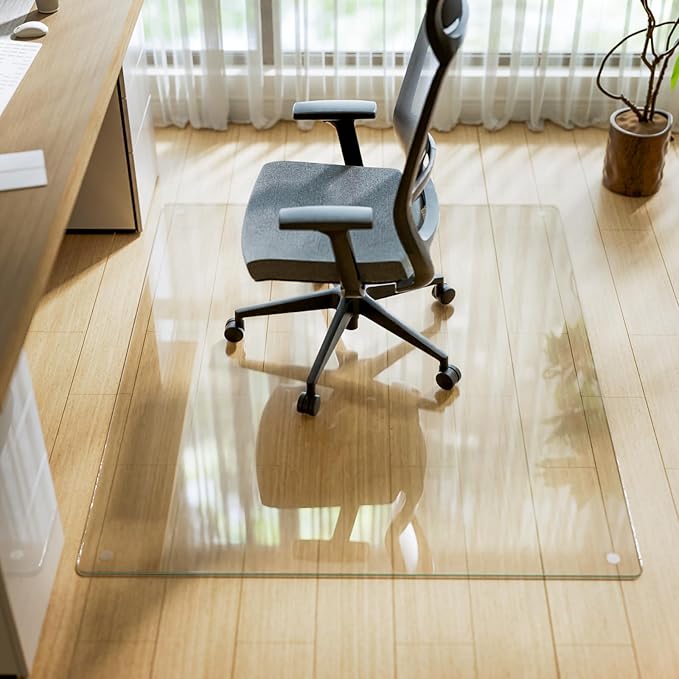 VETROUVE Tempered Glass Floor Mat 36" x 46" Chair Mat for Carpet or Hard Floor with 4 Anti-Slip Pads, 1/5" Thick