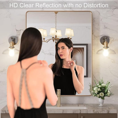 LOAAO 28”X36” Gold Bathroom Mirror, Rounded Rectangle Gold Frame Mirror