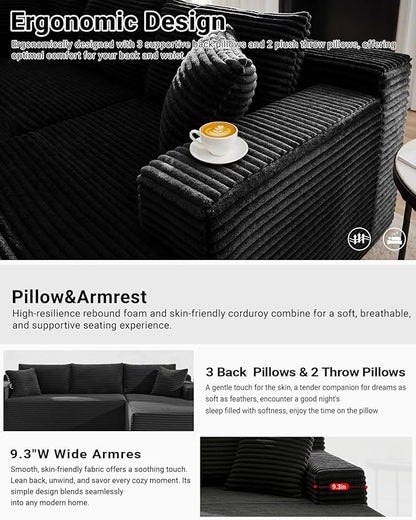 Cloud Sectional Couch,105 Inch Modular Sectional Sofa with Deep Seat,Modern Corduroy Boneless Couches with L-Shape Chaise for Living Room Bedroom,No Assembly Required (Black, Right Facing Chaise)