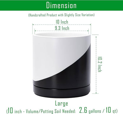 D'vine Dev 10 Inch Ceramic Planter Pot, Black White Diagonal, 94-O-E-K | Modern Cylinder Design, Drainage Hole & Saucer Included, Stable Structure, Elegant Home Accent