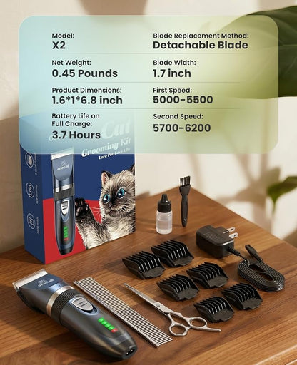oneisall Quiet Cat Clippers for Matted Hair & Long Hair, Cat Shaver | Cordless Cat Grooming Kit, LCD Display, 6 Guard Combs, 240-Min Runtime, 2-Speed Low Noise Trimmer for Cats & Small Dogs