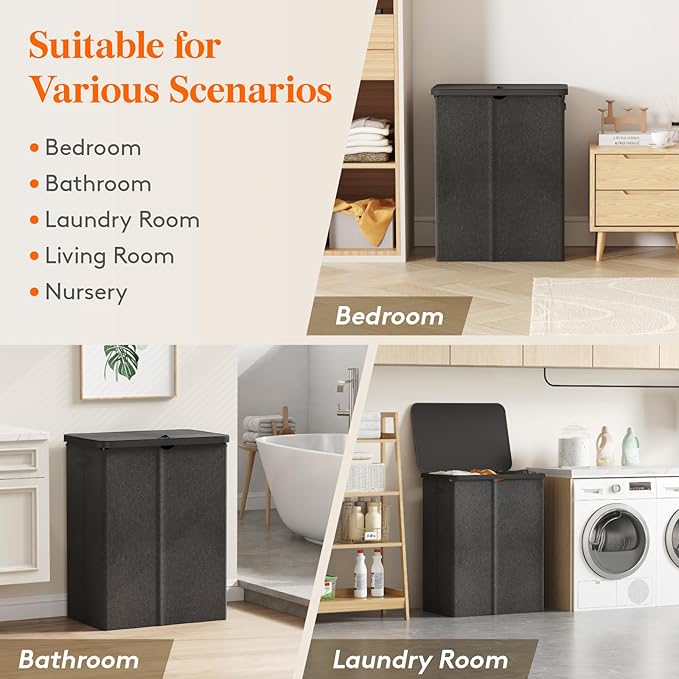 Lifewit 165L Laundry Basket with Lid, Large Laundry Hamper with Plastic Handles and Removable Bag, Foldable Tall Dirty Clothes Hampers for Laundry for Laundry Room, Bedroom, Bathroom, Dorm, Dark Gray