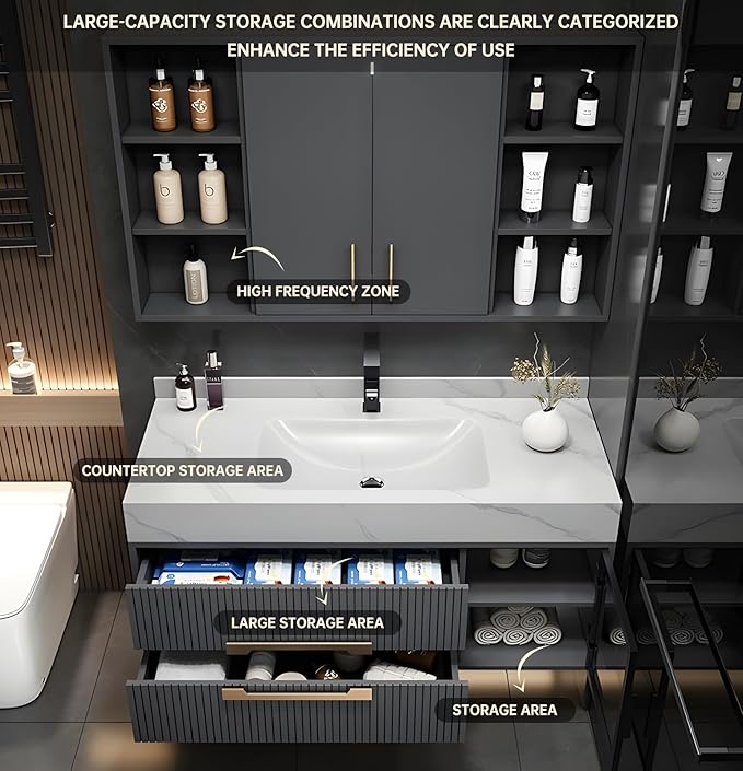 Floating Bathroom Vanity with Sink, 24IN Bathroom Vanities Cabinet Includes LED