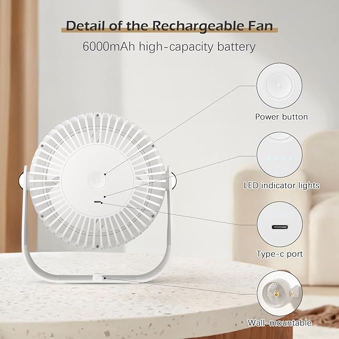 CIVPOWER Desk Fan: Table Fan Small Portable Rechargeable
