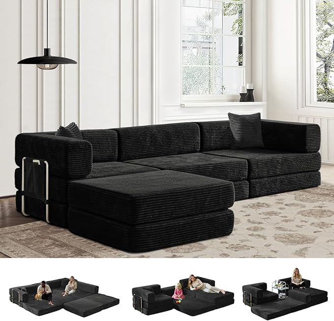 Folding Sofa Bed Convertable Corduroy Couch King Size Floor Sleeper 4-in-1 DIY Combination Modular Sofa Fold Out Futon Lounge Comfy Foldable Lazy cama for Living Room (Black)