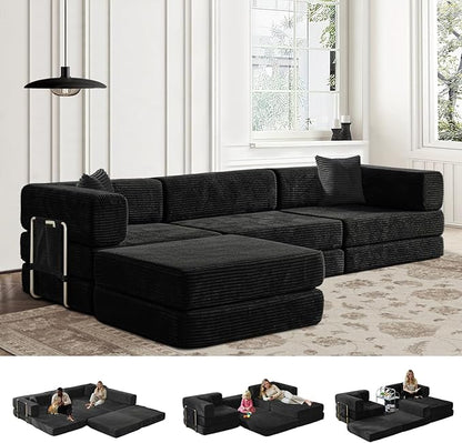 Folding Sofa Bed Convertable Corduroy Couch King Size Floor Sleeper 4-in-1 DIY Combination Modular Sofa Fold Out Futon Lounge Comfy Foldable Lazy cama for Living Room (Black)