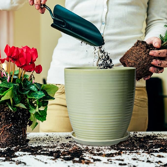 Ceramic Planter - 10 Inch Plant Pot for Indoor Outdoor with Drainage Hole and Plant Tray, Modern Round Home Office Patio Room Decor, House Warming Gifts, Green