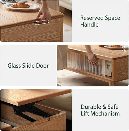 Wood Lift Top Coffee Table, 100% Solid Oak Wood Log Color Coffee Table with Glass Sliding Door, Rectangular Coffee Tables with Storage for Living Room Home Decor(47.24" W)