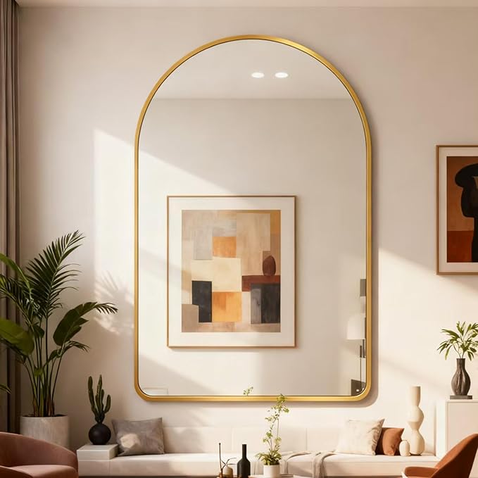 26x38 inch Gold Tempered Glass Large Arched Mirror