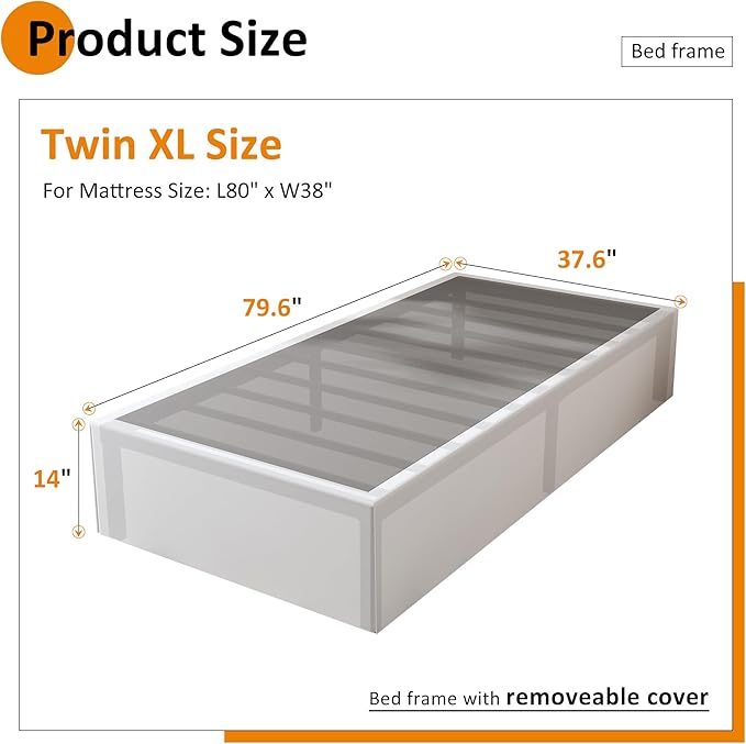 14 Inch XL Twin Bed Frame with White Fabric Cover, Heavy Duty Metal Twin XL Platform Bed Frame, No Box Spring Needed, Support Up to 2500 lbs, Easy Assembly, Noise Free, Black