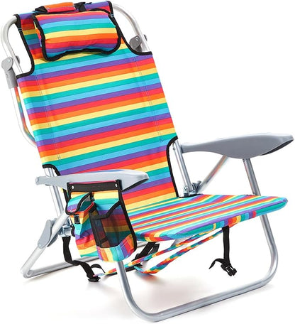 Canpsky Portable Beach Chair for Adults, Outdoor Camping Chair Lay Flat Folding Backpack Beach Reclining Chair with 5 Positions, Headrest, Cup Holder, Heavy Rainbow Striped