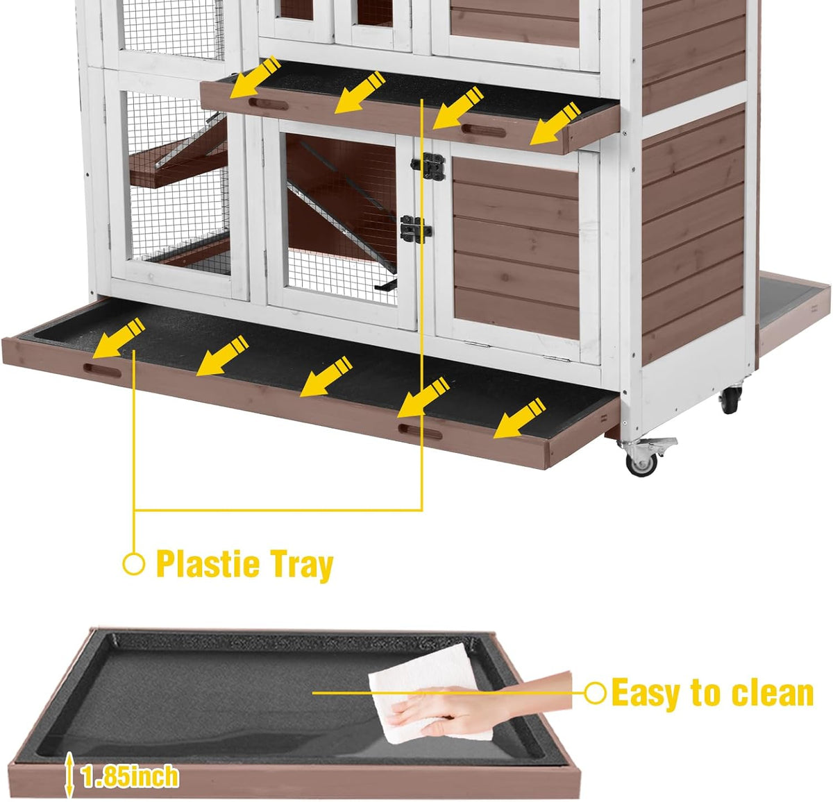Aivituvin Rabbit Hutch Indoor, Bunny Cage with Wheels, 2-Story Design, 2 Deep Trays, Anti Slip Ramp, Ideal for Small Animals - Brown