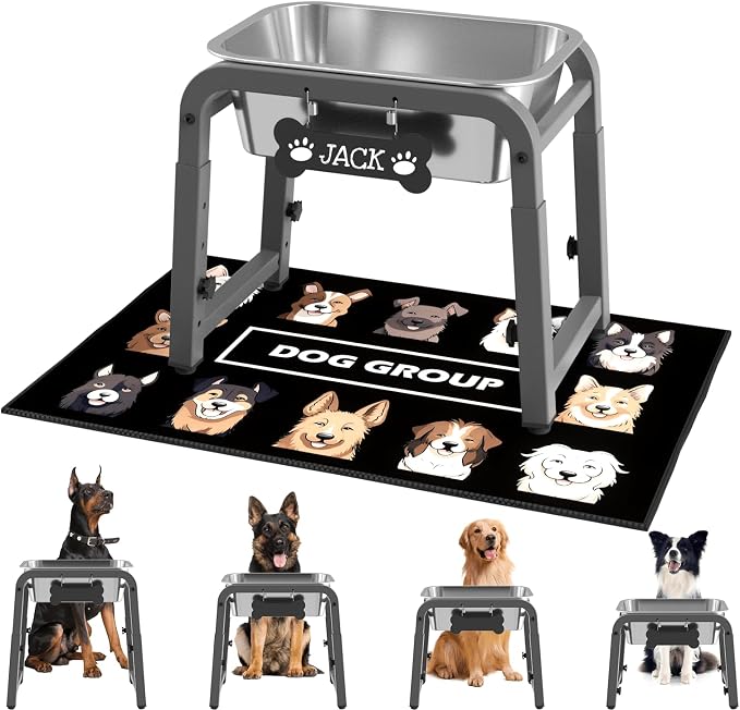 1.2 Gallon Elevated Dog Water Bowl, Height Adjustable (11–17'') Raised Stainless Steel Bowl with Spill-Proof Mat & Sturdy Metal Stand, Tip-Proof, Easy to Clean, Indoor & Outdoor Use