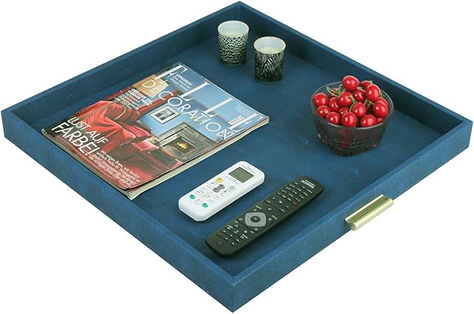 HofferRuffer Elegant Decorative Serving Tray, 20"x20" Square Faux Leather Ottoman Tray with Gold Hardware Handles, Coffee Table Serve Tea, Coffee or Breakfast (Navy Blue)