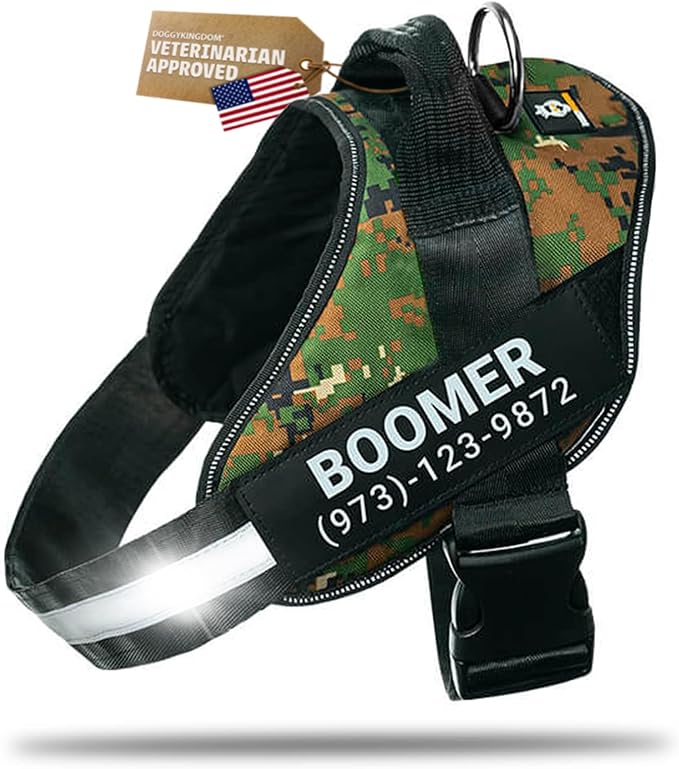Personalized Dog Harness with Custom Name Patches, Adjustable Reflective No Choke Dog Vest with Handle for Medium Sized Dog, Military Green, M