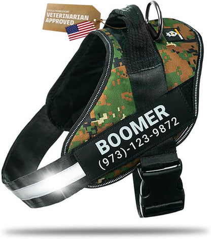 Personalized Dog Harness with Custom Name Patches, Adjustable Reflective No Choke Dog Vest with Handle for Medium Sized Dog, Military Green, M