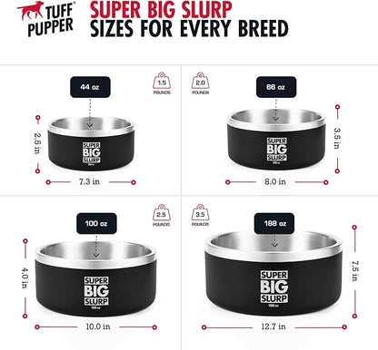 Tuff Pupper Heavy Duty Insulated Dog Bowl | Double Wall Stainless Steel Dog Food Dish | Non-Slip Spill Proof Dishwasher Safe Cat Bowl | Water Dish for Feeding Large Medium Small Pets (188oz, Black)