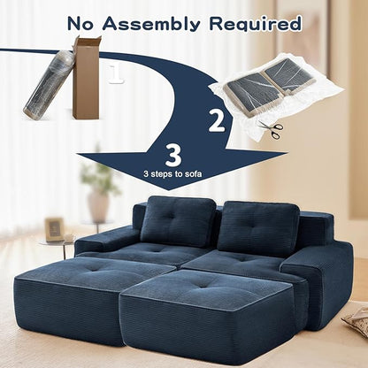 80" Modern Corduroy Boneless Love Seat Couches with 2 Ottomans, 2 Seater Large Sectional Couches for Living Room, Blue Cloud Modular Sectional Sofa, Memory Foam, Extra Deep Loveseat, No Assembly