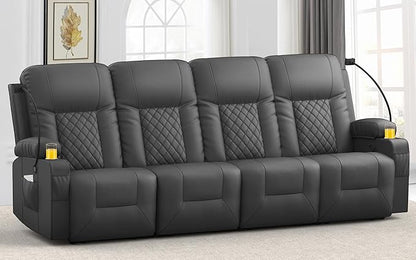 FURNIMAT Oversized Recliner Sofa, 4 Seats Dual Reclining Sofa, PU Leather Loveseat Couch, Modern Recliner Chair for Living Room, with Cup Holder and 2 Cell Phone Holders, USB Ports, Gray
