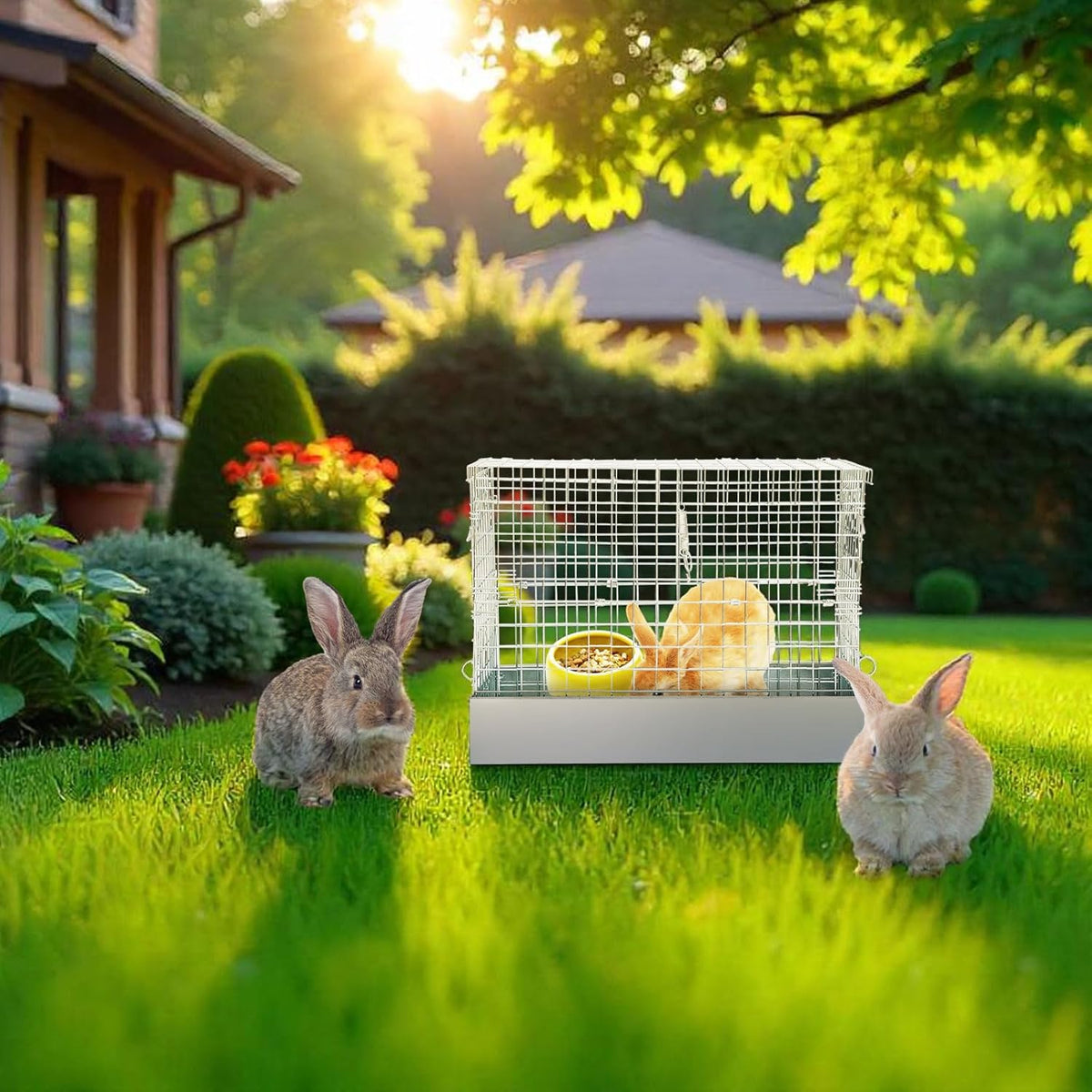 Folding Rabbit Cage, 18 x 10 x 14 in Portable Bunny Carrier with Tray and Handles for Transport, Travel or Temporary Housing, Indoor Outdoor Pet Habitat Animal Enclosure