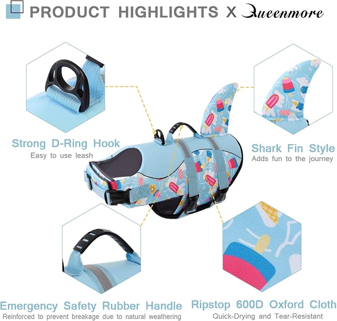 Shark Dog Life Vest for Swimming, Boating, Kayaking, Surfing, Canoeing - High Buoyant Dog Life Jacket, Ripstop High Flotation Swimsuit for Small, Medium, Large Dogs (Blue, XXL)