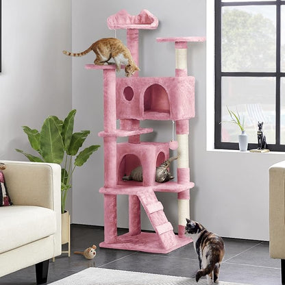Yaheetech 62in Cat Tree Tower for Indoor Cats, Kitten Furniture with Double Condo, Scratching Posts, Multiple Platforms and Balls for Kitty, Pink