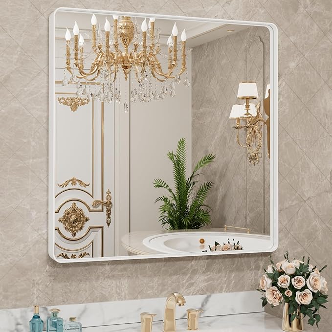 LOAAO 36x36 Inch White Metal Framed Bathroom Mirror