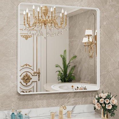 LOAAO 36x36 Inch White Metal Framed Bathroom Mirror