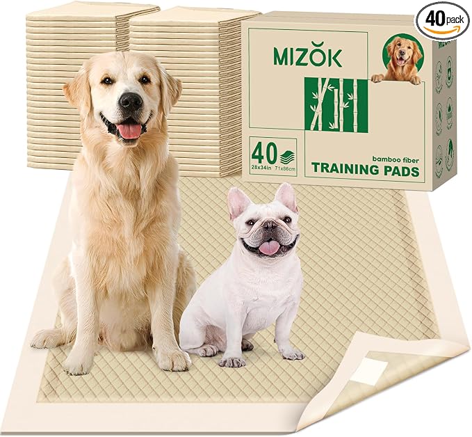 MIZOK Bamboo Dog Pee Pads Highly Absorbent No Leak Extra Large 28x34in 40Ct | Highly Absorbent Bamboo Pads Neutralize Odors Quickly and Leak Proof Bottoms Protect Your Floors for Potty Training