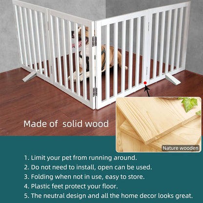 ZJSF Freestanding Indoor Dog Gate for House Foldable Wood White Puppy Gate for Doorways Pet Gate for Stairs Extra Wide Pet Fence 24" Height 4 Panels