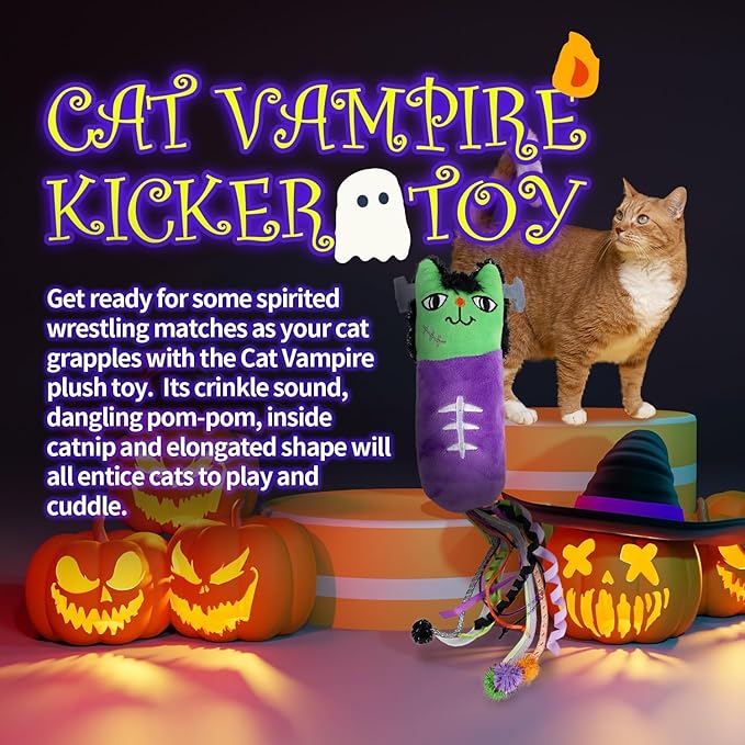 All for Paws Halloween Cat Gift Set – 4 Pack Cat Toys for Indoor Cats, Treat Dispenser, Lick Mat, Kicker & Wand