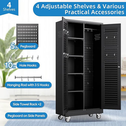 SUXXAN Broom Closet with Wheels 71"x 31.5"x15.75", Metal Cleaning Cabinets with