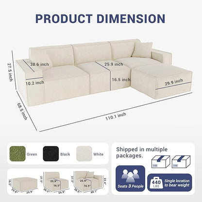 110"Cloud Sectional Couch, Chenille Boneless Couch L Shaped with Deep Seats & Wide Armrests, Convertible Modular Sectional Sofa Memory Foam Compression Floor Sofa for Living Room, No Assembly Required